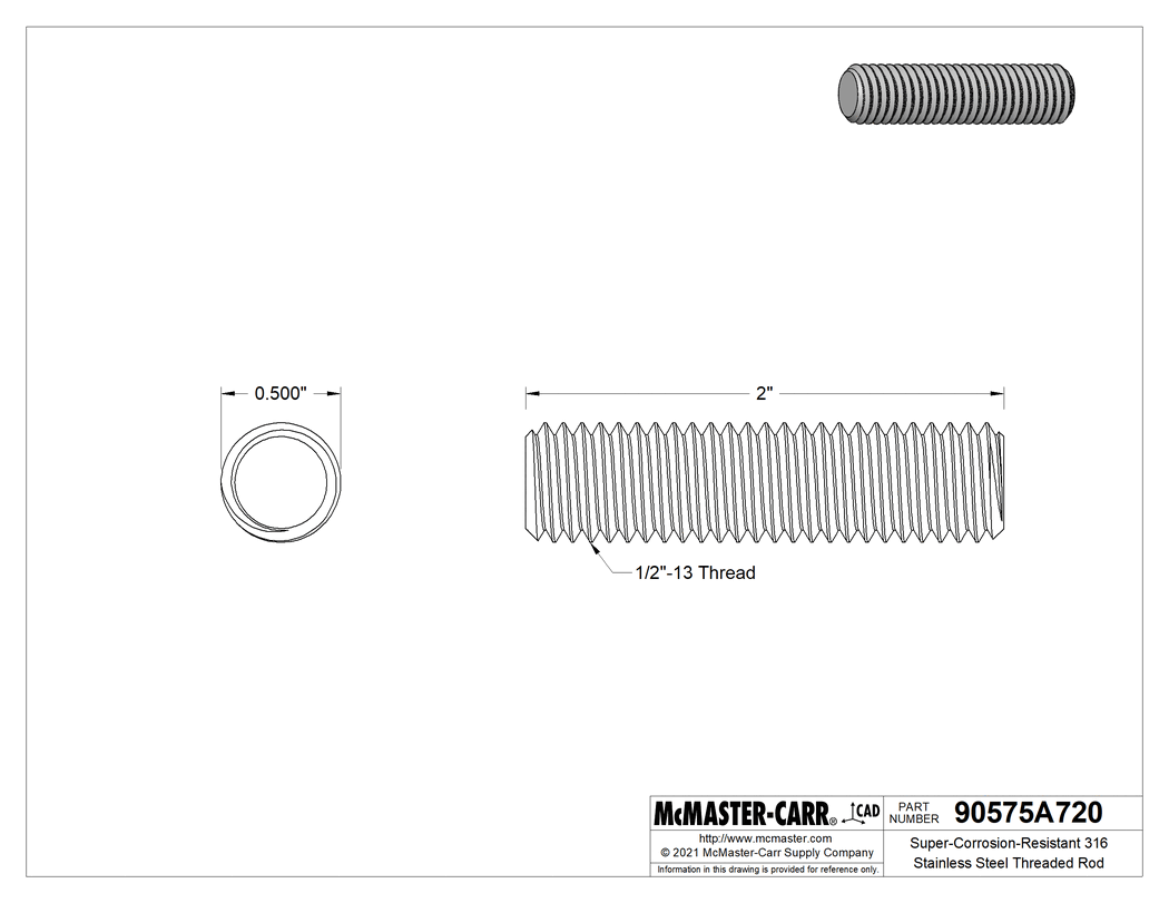 Technical Drawing of Super-Corrosion-Resistant 316 Stainless Steel Threaded Rod, 1/2"-13 Thread Size, 2" Long.